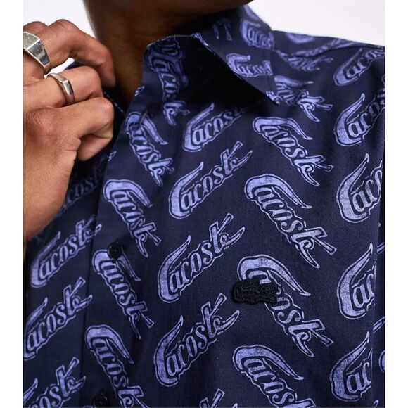Lacoste NWT Men's Allover Logo Print Short Sleeve Shirt 100% Cotton Large - Picture 4 of 6